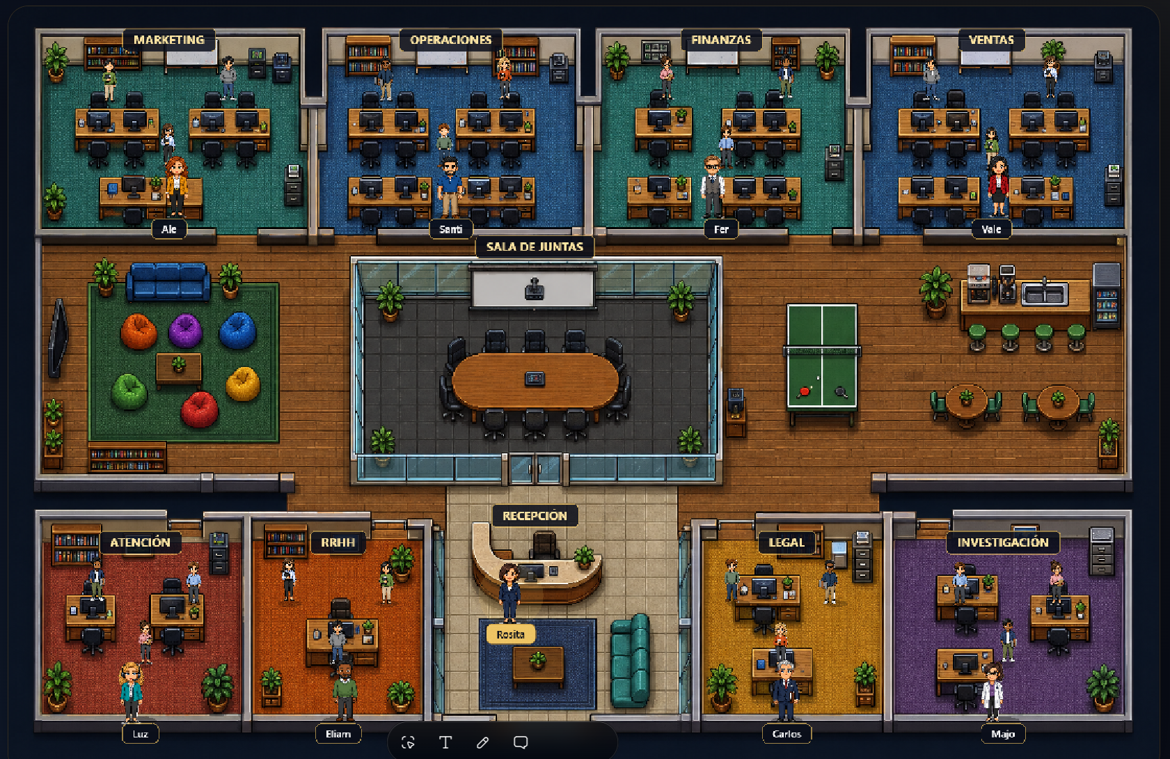 Oficina digital de ZYVO Hub en pixel art con ocho departamentos, sala de juntas y recepción
